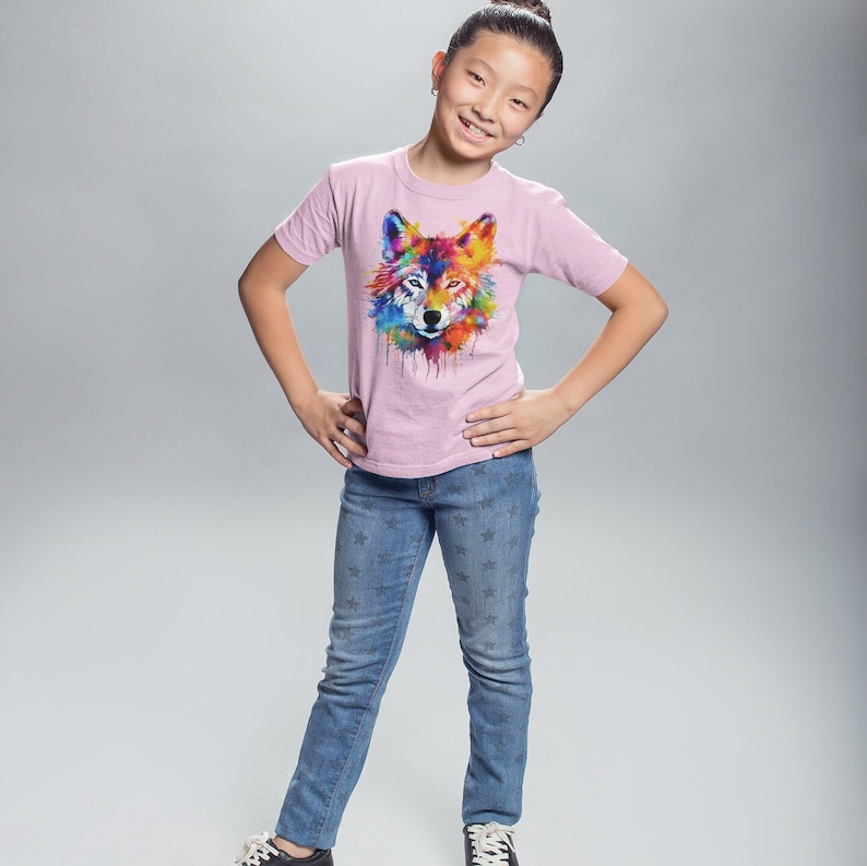 Rainbow Wolf Kids Tee, Fox Dog Colourful T-Shirt image 3