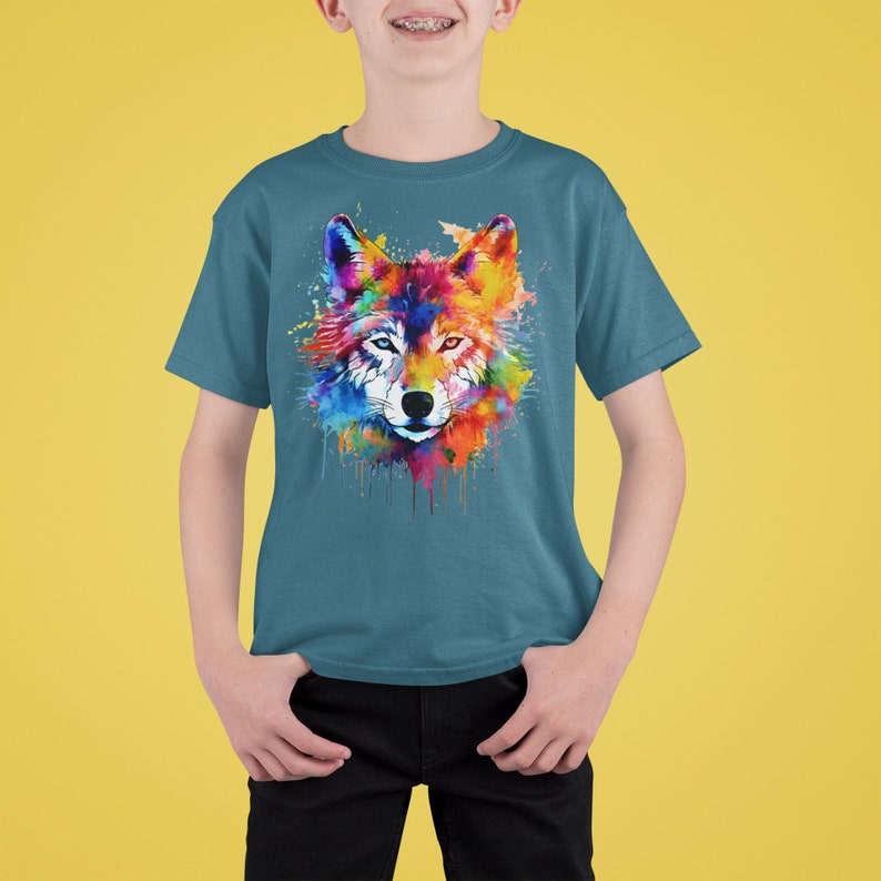 Rainbow Wolf Kids Tee, Fox Dog Colourful T-Shirt image 1