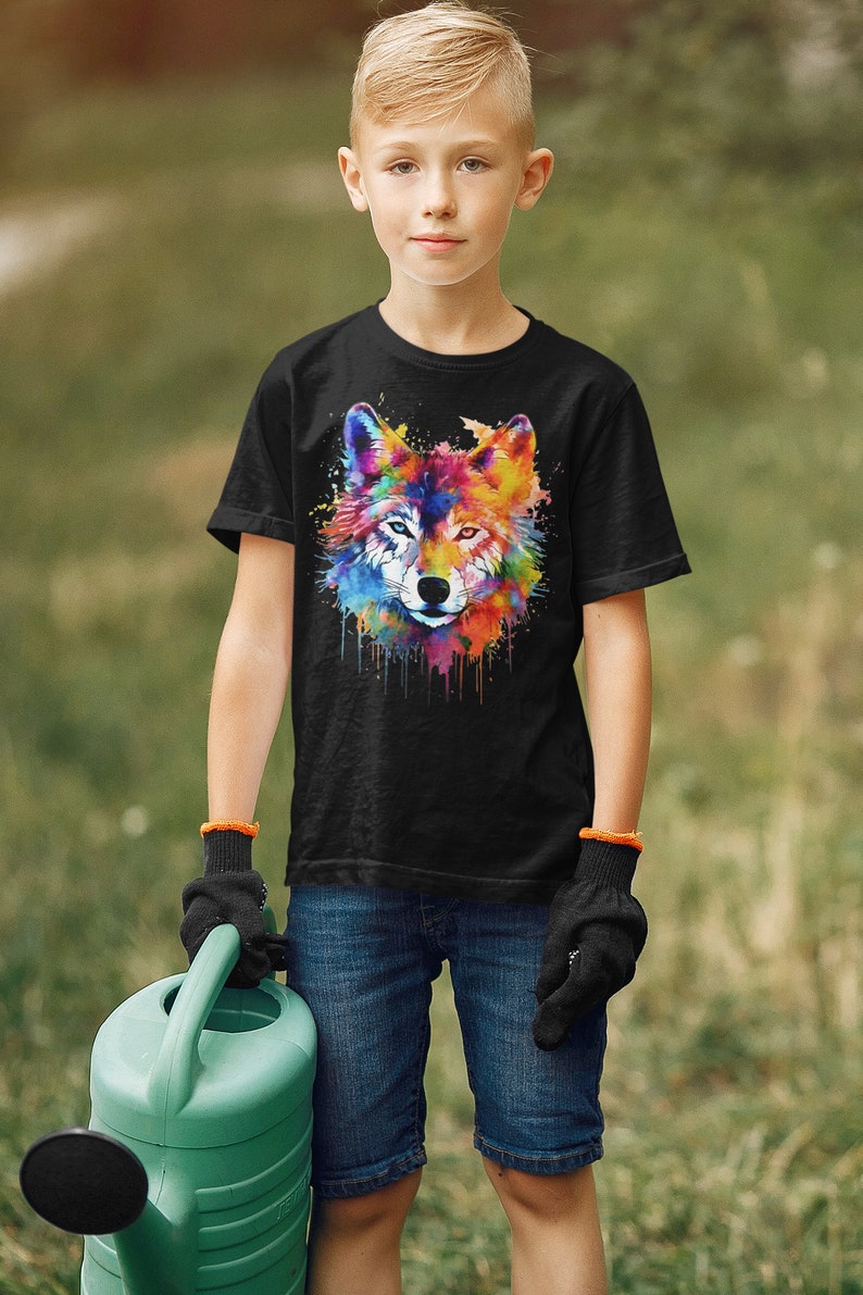 Rainbow Wolf Kids Tee, Fox Dog Colourful T-Shirt image 6