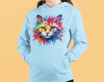 Sweat à capuche enfant chat arc-en-ciel, pull enfant Vibrant Kitty