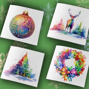 8 Assorted Seasonal Greetings Cards, Colourful Christmas Cards, Rainbow Happy Yuletide, 127mm square