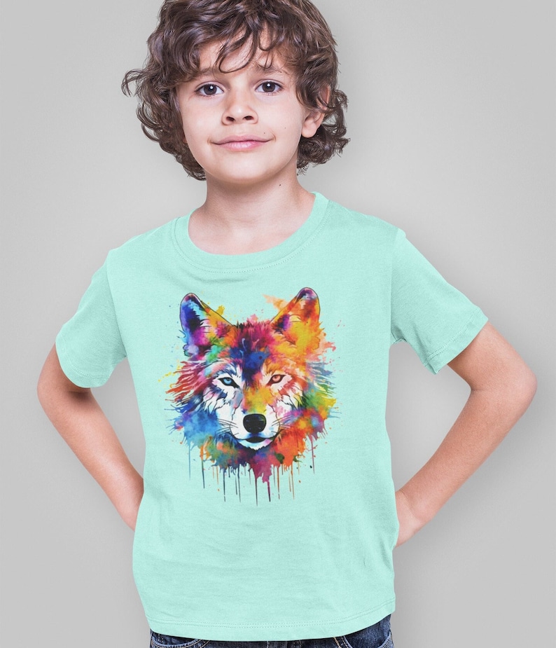 Rainbow Wolf Kids Tee, Fox Dog Colourful T-Shirt image 4