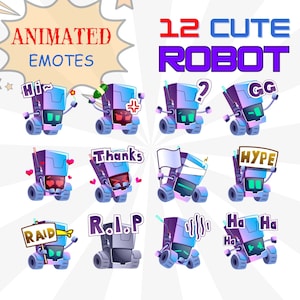 May include: Twelve animated robot emotes with different expressions and text. The robots are blue, purple, and gray with black eyes and white teeth. The text includes "Hi", "Thanks", "Raid", "RoLoP", "GG", "Hype", "Ha Ha", and "?".