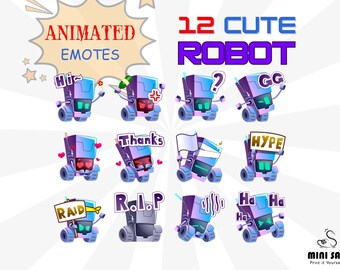 12 Animated Cute Robot Emotes, Lol emote, Hype emote, GG emote, Raid emote, Rip emote, Animated Emote Packs