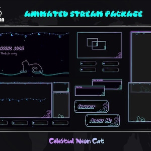 Celestial Neon Cat Animated Stream Overlay Bundle, Celestial Neon Cat Twitch Overlay Paket für Streamer, OBS, StreamLabs, StreamElements