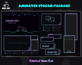 Celestial Neon Cat Animated Stream Overlay Bundle, Celestial Neon Cat Twitch Overlay Package for Streamers, OBS, StreamLabs, StreamElements