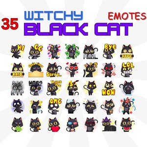 35 Witchy Black Cat Emotes Pack, Twitch Emotes Pack, Discord Emotes Pack, Emotes For Streamer, Emotes Pack.