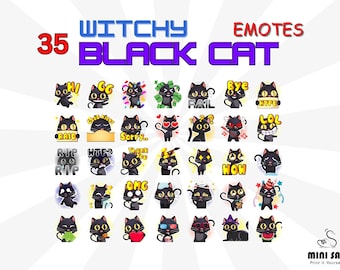 35 Witchy Black Cat Emotes Pack, Twitch Emotes Pack, Discord Emotes Pack, Emotes For Streamer, Emotes Pack.