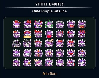 Pacchetto 35 emote Kitsune viola carino, pacchetto emote Twitch, pacchetto emote Discord, emote per streamer, pacchetto emote.