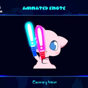 May include: Animated digital emoji of a pink cartoon cat holding two glowing light sticks, one blue and one pink. The text "Cheering Mew" is below the image.