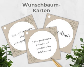 Wunschbaum Karten für Hochzeit, Geburtstag, Konfirmation, beige Boho Botanical Design, zum ausdrucken und ausfüllen für Gäste, Geschenkidee