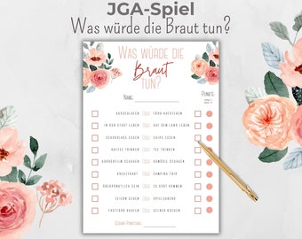 JGA game customizable, What would the bride do? Bridal party activity, JGA bride quiz German, pink roses boho flowers, Canva template