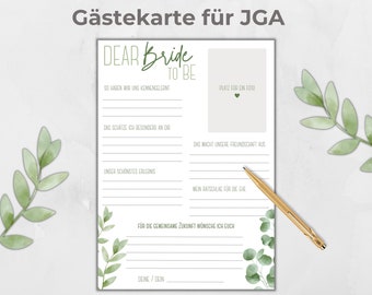 Gästekarten JGA personalisierbar, Ausfüllkarte JGA, JGA-Spiel, Aktivität Brautparty, Botanical Boho Design grün, Eucalyptus, Canva Vorlage