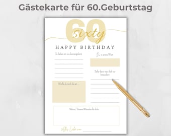 Gästebuchkarte 60. Geburtstag, Gastkarten Canva Vorlage, Gästekarten, Party Aktivität Erinnerung, zum ausfüllen für Gäste, Jubiläum, gold