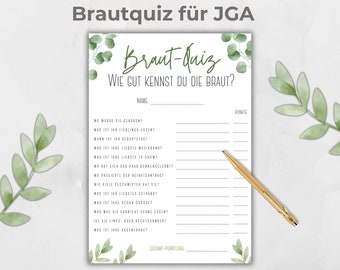 Braut-Quiz personalisierbar, Wie gut kennst du die Braut? JGA-Spiel, Aktivität Brautparty, deutsch, grün Eucalyptus Boho, Canva Vorlage