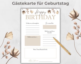 Gästekarte Geburtstag, Gastkarten, Canva Vorlage, Party Aktivität, zum ausfüllen für Gäste, elegantes beiges Design