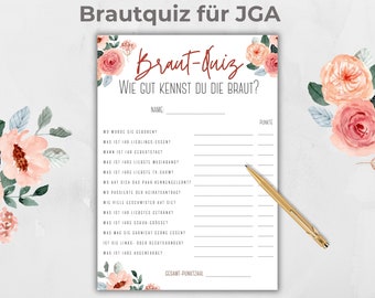Bride quiz customizable, how well do you know the bride? JGA game, bridal shower activity, German, pink roses boho, Canva template