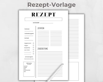 Rezeptvorlage schwarz weiß, digitale Rezeptkarte zum ausdrucken und ausfüllen, Canva Vorlage, schlichte Rezept Vorlage, Lieblingsrezepte