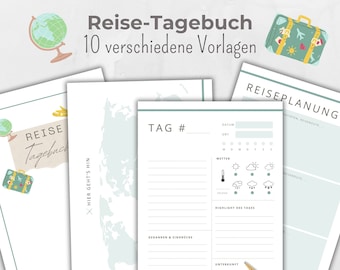 Reisetagebuch, Reiseplaner, Reisejournal, Urlaubstagebuch, 10 Vorlagen zum drucken, Fotoalbum, blau grün, Geschenk für Weltenbummler