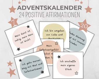 Puede incluir: Un set de calendario de adviento con 24 tarjetas de afirmaciones positivas. Cada tarjeta blanca muestra un círculo de color pastel con texto en alemán y pequeños iconos de estrellas. El encabezado dice ADVENTSKALENDER 24 POSITIVE AFFIRMATIONEN, decorado con estrellas colgantes en oro rosa.