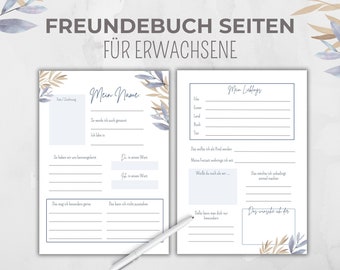 Freundebuch Seiten Erwachsene personalisierbar, Freundschaftsbuch Karten blau, Gästebuchkarten, Geschenk Geburtstag Abschied, Canva Vorlage