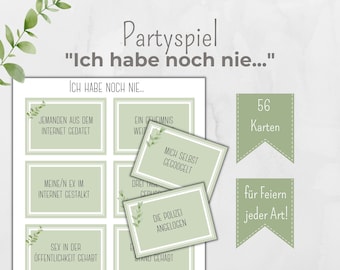 Partyspiel Ich habe noch nie, Trinkspiel, Spiel Geburtstag, Spiel JGA, Spielevorlagen Party, JPEG und PDF, individualisierbar, grün Boho