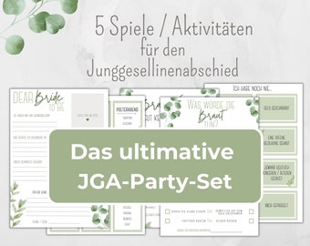 JGA Spiele Set, 5 Spiele Bundle Brautparty, Aktivität Bachelorette Party, Botanical Design grün, Boho Design, Eucalyptus