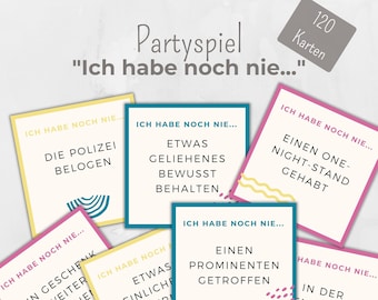 Partyspiel Ich habe noch nie, Trinkspiel, Spiel Geburtstag JGA Party Spiel Vorlage, 120 Karten, individualisierbar, 90s Retro Design