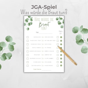 JGA Spiel personalisierbar, Was würde die Braut tun, Aktivität Brautparty, JGA Braut Quiz deutsch, grün Eukalyptus Design, Canva Vorlage