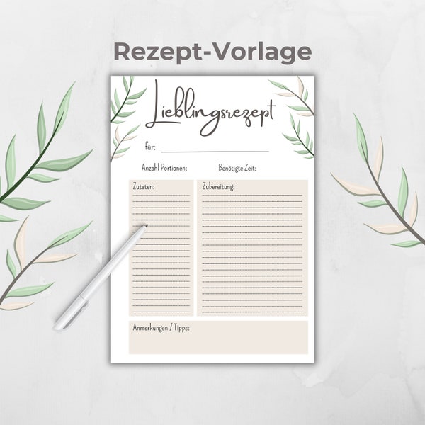 Rezeptvorlage Boho, digitale Rezeptkarte zum ausdrucken und ausfüllen, Canva Vorlage, leere Vorlage Rezept, Organisation Lieblingsrezepte