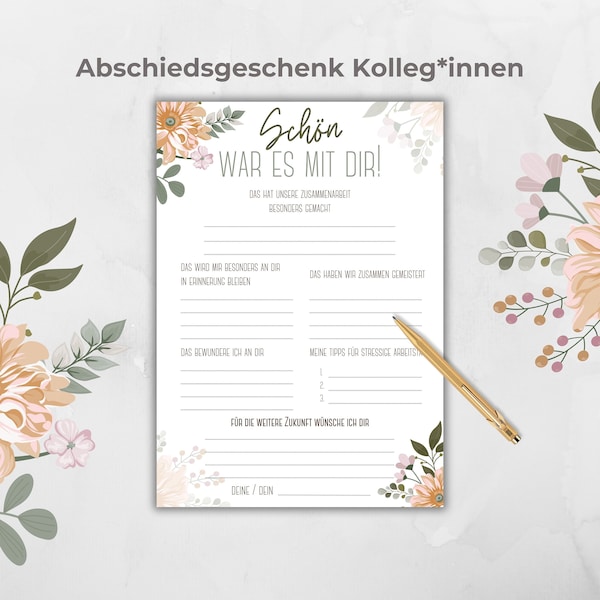 Ausfüllkarte Kollegen, Abschiedsgeschenk Kollegin, Freundebuch Kolleg*innen, Verabschiedung oder Rente Ruhestand, Blumen, inkl Canva Vorlage