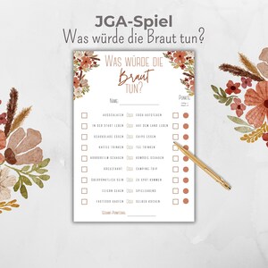May include: A printable bridal shower game with a floral design. The game is called "What would the bride do?" and includes a list of questions with yes or no answers.