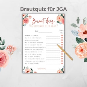 Aanpasbare quiz voor de bruid: Hoe goed ken je de bruid? JGA-spel, activiteit voor bruidsfeest, Duits, roze rozen boho, Canva-sjabloon