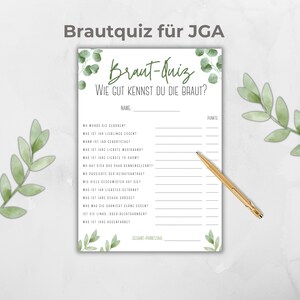 Bride quiz customizable, How well do you know the bride? JGA game, bridal party activity, German, green Eucalyptus Boho, Canva template