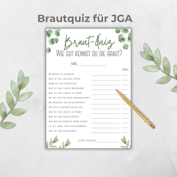 Bride quiz customizable, How well do you know the bride? JGA game, bridal party activity, German, green Eucalyptus Boho, Canva template