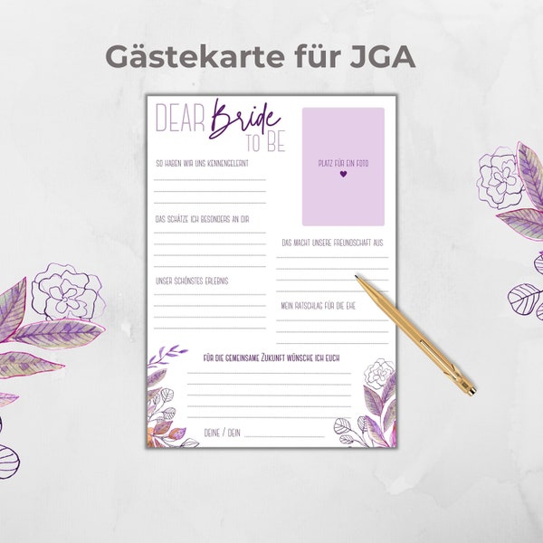 Guest cards JGA personalizable, fill-in card JGA, JGA game, activity bridal party, botanical design pink purple boho, Canva template