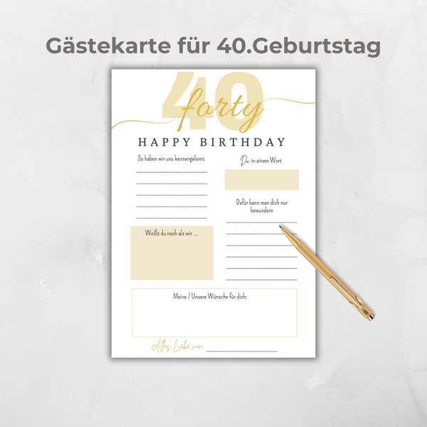 Gästebuchkarte 40. Geburtstag, Gastkarten Canva Vorlage, Gästekarten, Party Aktivität Erinnerung, zum ausfüllen für Gäste, Jubiläum, gold