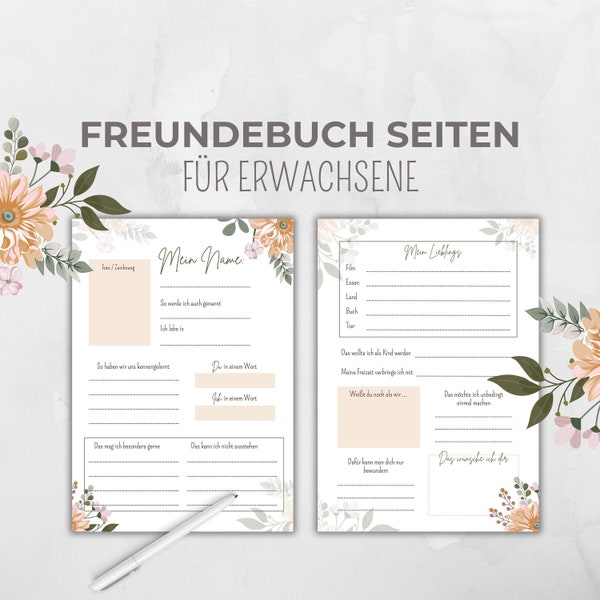 Freundebuch Seiten Erwachsene, Freundschaftsbuch Karten, Gästebuchkarten, Erinnerungsalbum, Abschiedsgeschenk, Geschenk Geburtstag, Blumen