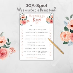 JGA game customizable, What would the bride do? Bridal party activity, JGA bride quiz German, pink roses boho flowers, Canva template