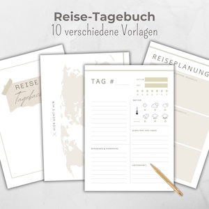 Könnte beinhalten: Eine druckbare Reisetagebuch-Vorlage mit beigefarbenem Hintergrund und einer Weltkarten-Illustration. Die Vorlage enthält Abschnitte für Datum, Ort, Wetter, Höhepunkte des Tages, Gedanken und Eindrücke sowie Unterkunft.