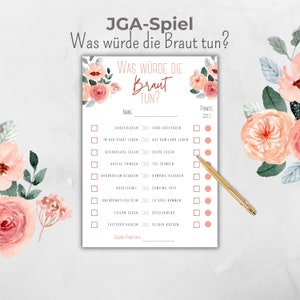 Gioco JGA personalizzabile, cosa farebbe la sposa? Attività bridal shower, quiz sposa JGA tedesco, rose rosa fiori boho, modello Canva