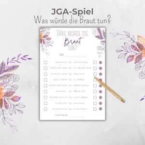 Può includere: Un gioco di addio al nubilato stampabile con un design floreale. Il gioco chiede "Cosa farebbe la sposa?" e include un elenco di scelte con caselle di controllo. Le scelte includono "Dormire fino a tardi" o "Svegliarsi presto", "Vivere in città" o "Vivere in campagna", "Mangiare cioccolato" o "Mangiare patatine fritte", "Bere caffè" o "Bere tè", "Guardare un film horror" o "Guardare una commedia", "Fare una crociera" or "Andare in campeggio", "Essere puntuali" or "Arrivare in ritardo", "Andare a pescare" or "Giocare a giochi", "Comprare cibo da asporto" or "Cucinare a casa".
