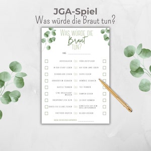 JGA game customizable, What would the bride do, bridal party activity, JGA bride quiz German, green eucalyptus design, Canva template