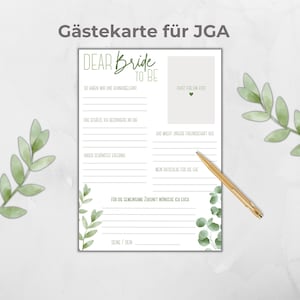 Guest cards JGA personalizable, fill-in card JGA, JGA game, bridal shower activity, Botanical Boho design green, Eucalyptus, Canva template