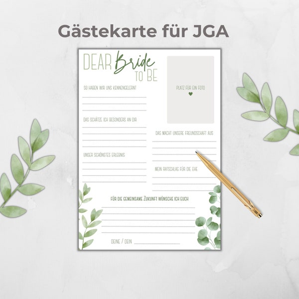 Gästekarten JGA personalisierbar, Ausfüllkarte JGA, JGA-Spiel, Aktivität Brautparty, Botanical Boho Design grün, Eucalyptus, Canva Vorlage