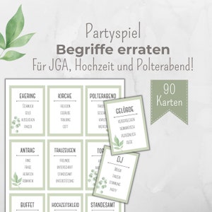 Op de afbeelding: Een set van 90 groene en witte kaarten met de tekst "Partyspiel Begriffe erraten Für JGA, Hochzeit und Polterabend!" bovenaan. De kaarten zijn voor een partyspel waarbij spelers woorden moeten raden die te maken hebben met bruiloften en vrijgezellenfeesten.