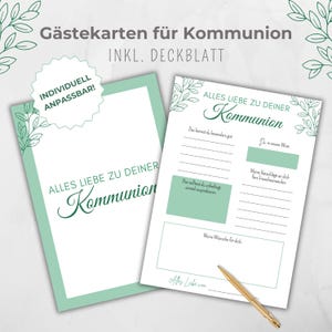 Gästebuchkarte Kommunion, Gastkarten Canva Vorlage, Gästekarten, Party Aktivität Erinnerung, zum ausfüllen für Gäste, grün, unisex
