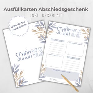 Invulkaart afscheidscadeau vrienden familie collega's, vriendenboek, afscheid, pensioen, blauw beige bladeren, inclusief Canva template