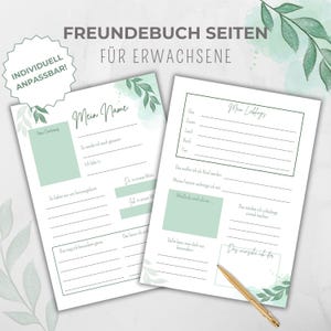 Freundebuch Seiten Erwachsene personalisierbar, Freundschaftsbuch Karten grün, Gästebuchkarten, Geschenk Geburtstag Abschied, Canva Vorlage