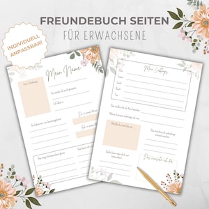 Freundebuch Seiten Erwachsene personalisierbar, Freundschaftsbuch Karten rosa, Gästebuchkarten, Geschenk Geburtstag Abschied, Canva Vorlage